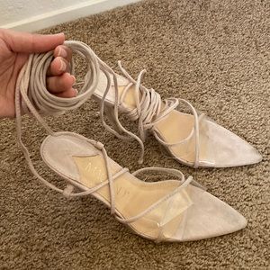 Cream stiletto clear strap lace up suede
